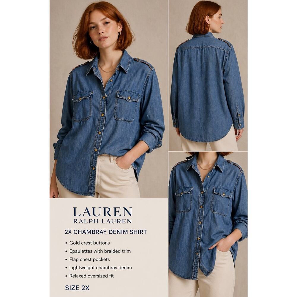 Lauren Ralph Lauren 2X Chambray Denim Shirt Gold Crest Buttons Epaulette Utility